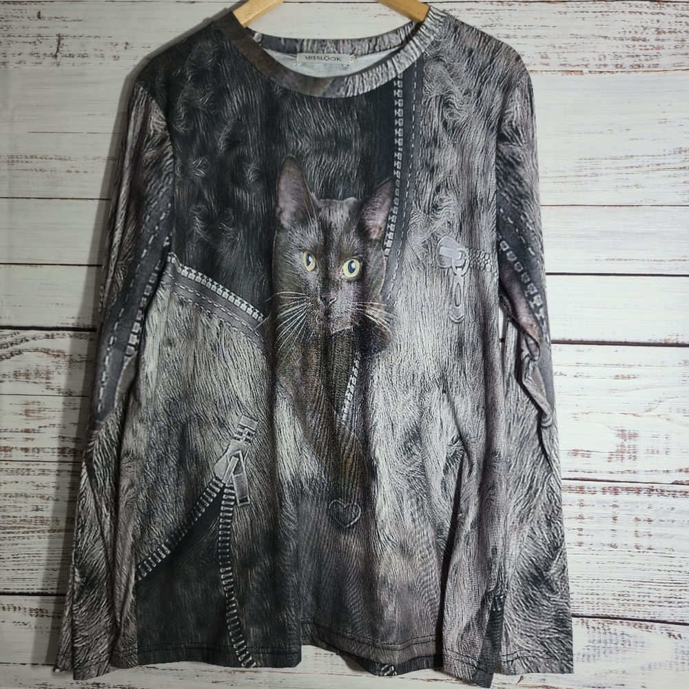 Misslook Top Pullover Graphic Cat 3D Black Gray Zipper Long Sleeve XL